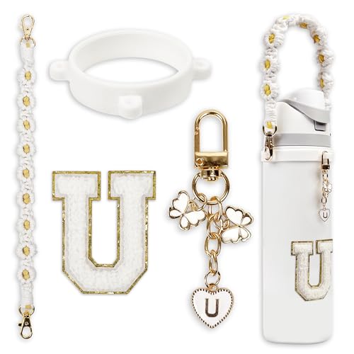 Cute Letter Charm Set with Secure Handle Strap, Silicone Ring, Monogram Sticker and Personalized Decoration for Owala Compatible Water Bottle, Travel Carry, School, Gift and Daily Use (White, U)