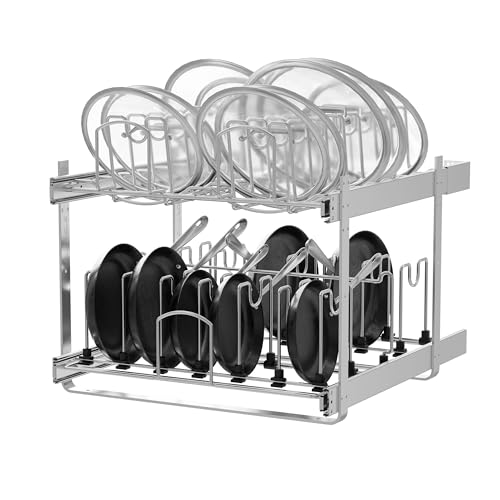STORKING 2-Tier Kitchen Pull out Cabinet Organizer for Pots, Pans, and Lid Cookware, Adjustable Heavy Duty Wire Pan and Pot Rack, Full-Extension Rail 21" W *22" D
