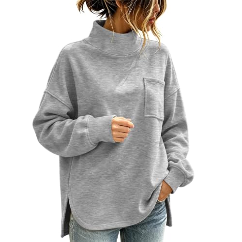 Oversize Sweatshirt Damen Einfarbiges Pullover Ohne Kapuze Stehkragen Oberteile mit Geschlitzt Saum Brusttasche Oversized Look Lässiger Sweatshirts Basic Pullover für Damen Übergang Langarmshirt