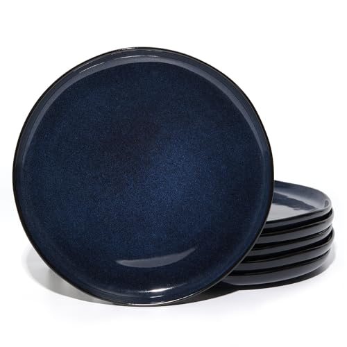 Image of Pokini 10 Inch Ceramic Dinner Plates Set of 6, Wavy Rim Stoneware Plates | Reactive Glaze Plate Set, Microwave & Dishwasher Safe, Scratch Resistant, Ideal for Steak, Pizza, Lunch, Serving, Starry Blue
