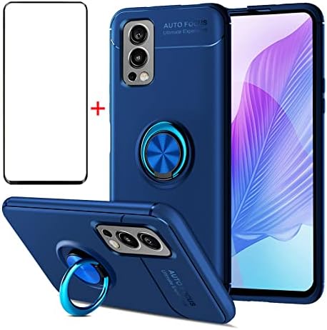 AKABEILA Tempered Glass OnePlus Nord 2 Case Screen Protector Tempered Glass, Compatible for OnePlus Nord 2 5G Phone Case Cover Silicone Ring Grip Holder Kickstand Carbon Fiber Shockproof, Blue