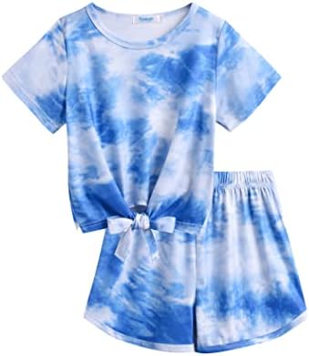 Yimoroe Little Girls Clothing Set Tie Dye Twist Front Tops & Short Pants Outfits Sportwear Tracksuits Short Set 6-8 Years