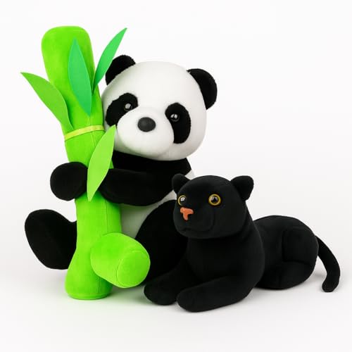 Image of Animal Plush Toy Combo ? 25cm Black Panther & 30cm Panda with Bamboo | Soft Stuffed Animal Toy Set for Kids | Jungle Theme Birthday Gift for Boys & Girls