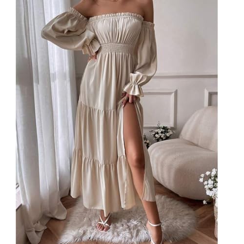 Dresses for Women 2024 Casual Straight Neckline Off-The-Shoulder Ruffles Long-Sleeved High-Slit Dress3