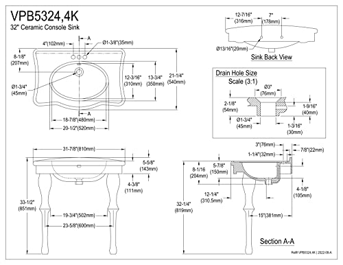 Kingston Brass Vpb5324K Imperial Console Sink, 33-1/2" (L) X 31-7/8" (W) X 21-1/4" (H), Black #TOP1