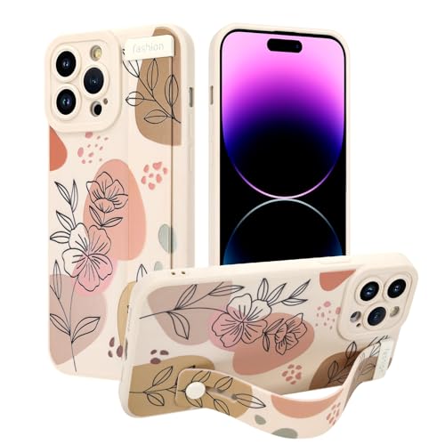 Jefonha Case for iPhone 14 Pro Max Silicone Case with Strap for Women Girls Cute Floral Flowers Pattern Design Adjustable Soft Finger Strap Kickstand Protective Cover, Beige