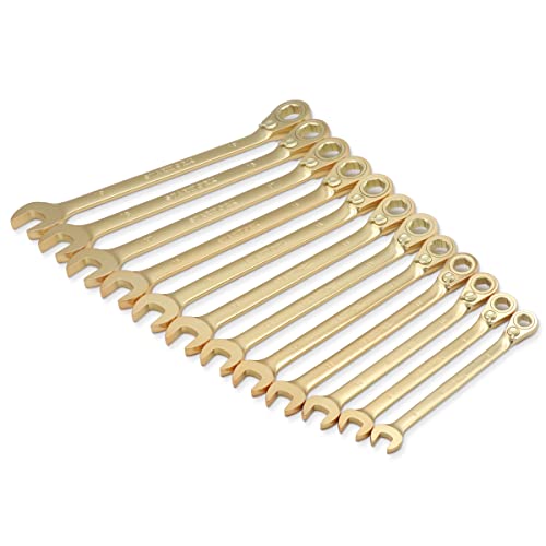 STARWORK 12 Pc. 6-Point Metric 15° Offset Vintage G-Plating Reversible Non-Slip Long Pattern Ratcheting Combination Wrench Set (8-19 mm)