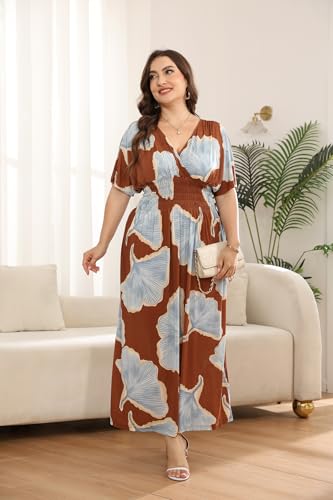 Image of OSTOO Women's Plus Size Hawaii Empire Waist Bat Short Sleeve Casual Floral Print Boho Maxi Dress