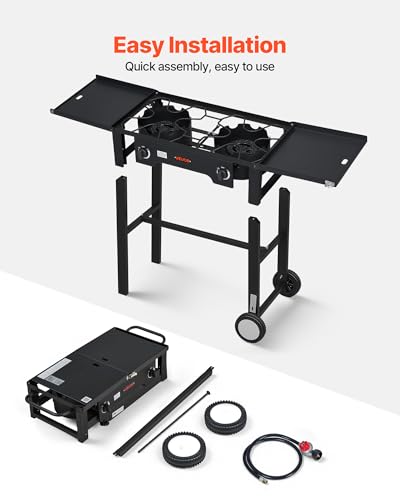 Image of VEVOR 2 Burner Outdoor Propane Gas Stove, 150,000 BTU Propane LPG Gas Camping Stove, Foldable Heavy-duty Carbon Steel Outdoor Cooker, with Wheels & Shield & 20 PSI Regulator, for BBQ Camp Home Patio