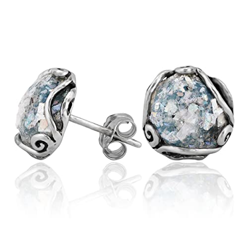 Paz Creations Women's 925 Sterling Silver Roman Glass Patina Stud Earrings - Handcrafted Round-Cut Ball Earring - Unique Natural Organic Jewelry For Her
