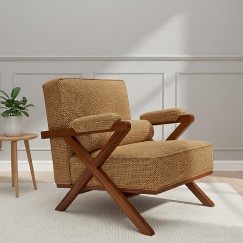 Image of Lakdi The Furniture Rustic X-Frame Accent Chair with Solid Wood Lounge Design & Beige Upholstery, Mid-Century Safari Style Armchair | 5 Years Warranty | Free Assembly - 15185192