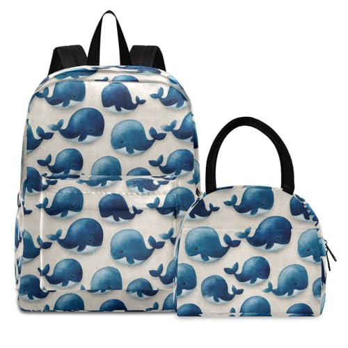 Cute Whale Print Backpack Set with Lunch Bag, Large Capacity Travel Backpacks and Lunch Box Insulated for Commute Hiking Picnic