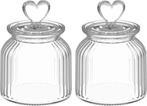 Set de 2 Tarros de Cristal 650ml con Tapa Hermética y Forma de Corazón – Tarro de Cristal Vintage Transparente para Caramelos, Galletas, Dulces – Tarro Decorativo Cocina, Candy Bar, Regalo Original