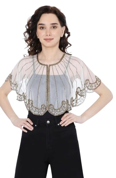Women's Net with Bead Embroidery Short Sleeves Poncho/Cape Stylish-picture-50
