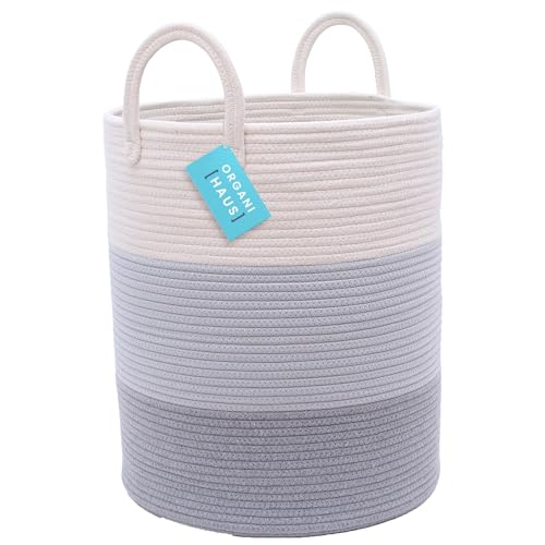 Image of OrganiHaus Toy Storage Basket for Kids, Large Cotton Rope Organizer Bin for Nursery, Toy Box, Blanket Holder, Baby Hamper for Living Room, Soft & Washable (3-toned Gray Tall) | 3-Toned Gray - Tall Cotton Rope Hamper, 52L