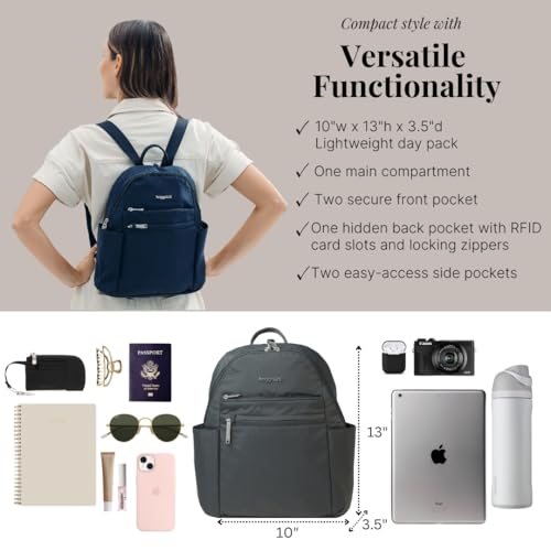 Image of Baggallini Securtex Anti-theft Vacation Travel Backpack 10x13 Slash-Resistant Nylon Daypack w /RFID, Charcoal