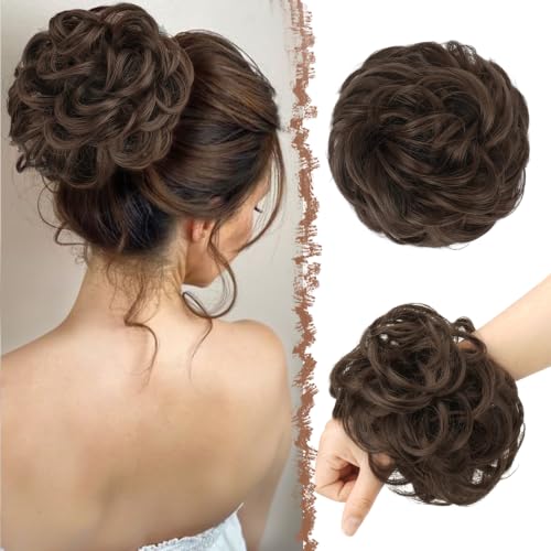 FESHFEN Moños Postizos, Natural Rizado Ondulado Postizo Moño Sintético Extensiones de Cabello Pelo Desordenado Coleta Postiza para Mujer 55g, Castaño claro y rubio