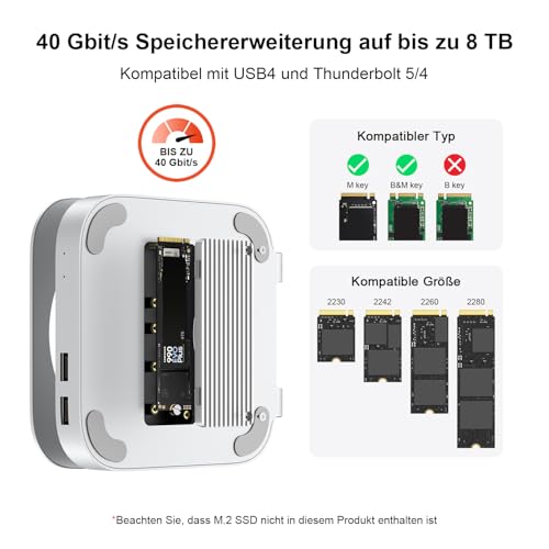 Image of Qwiizlab 40Gbps Mac mini M4 /M4 Pro Stand Hub with USB4 NVMe SSD Enclosure, USB-C Host, 3 USB-A 2.0, 3.5mm Audio, Supports M.2 PCIe up to 8TB, Compatible with Thunderbolt 4 /5