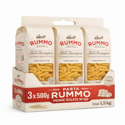 Pasta Rummo Penne Rigate Nº66, Pasta Italiana, Pasta alimenticia de sémola de trigo duro, Contiene gluten, Puede contener trazas de soja, Tiempo de cocción 11 minutos, 3 Paquetes de 500 gr