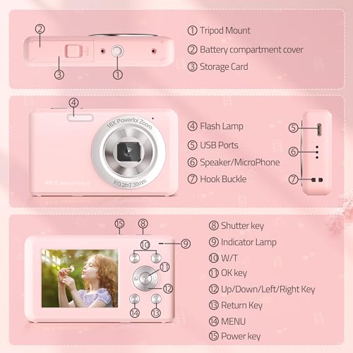 Image of Digital Camera, FHD 1080P Compact Camera with 32GB Card，48MP Camera 2.4'' LCD 16X Digital Zoom for Kid Student Children Teen Girl Boy(Pink)