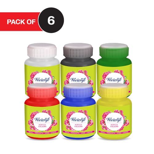 Image of Fevicryl Acrylic Colours, Pack of 6 Shades X 100ML Each| DIY Kit | Art & Craft | Paint on Canvas, Wood, Earthenware, Stone, thermocol, Metal, Leather, Glass | Ideal for Artists, Beginners and Gifting