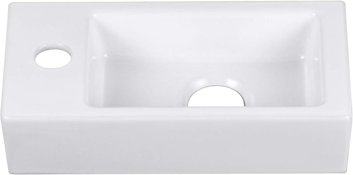 HOROW Lavabo colgante de pared, rectangular, de cerámica, porcelana, pequeño, para invitados, orificio para grifo a la izquierda, 370 x 185 x 90 mm