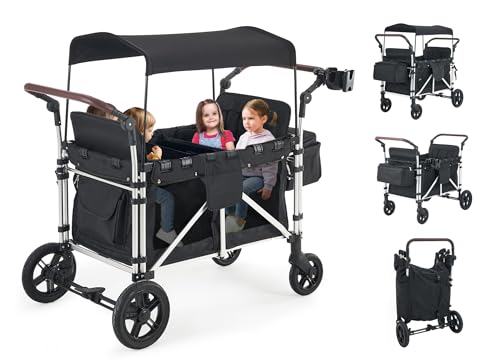 Image of Stroller Wagon for 4 Kids, Wagon Cart Featuring 4 High Seat with 5-Point Harnesses and Adjustable Canopy, Foldable Double Push Bar Wagon Stroller for Garden, Stroller, Camping (Black)