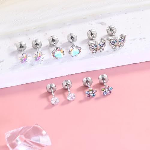 Hypoallergenic Earrings for Girls,Toddler Screw Back Earrings for Kids Baby Women Lightweight Surgical Stainless Steel Colorful Bow Butterfly Heart Flower CZ Flat Back Stud Earring for Sensitive Ears4