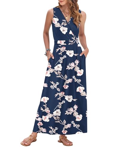 Image of AUSELILY Womens Maxi Dress Summer Sleeveless Wrap Long Dresses with Pockets | V-Neck Wrap Sleeveless Sundress, fits formal, casual, beach, vacation & daily wear