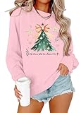 Christmas Sweatshirt Women Cute Christmas Tree Sweatshirts Xmas Christian Shirt Jesus Faith Long Sleeve Pullover Tops Pink