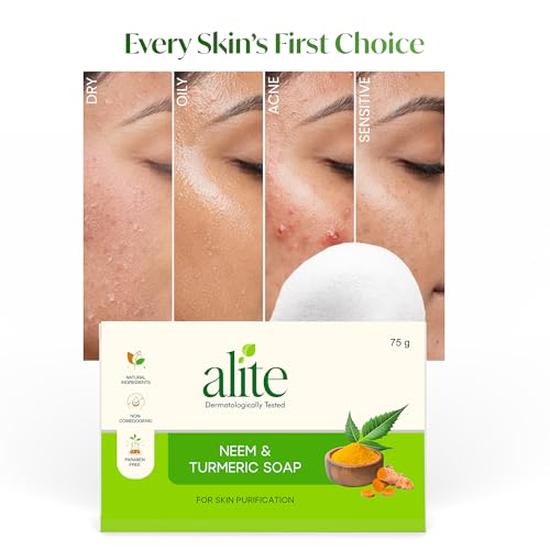 Image of Alite Neem & Turmeric Soap for Skin Purification & Natural Glow | Herbal Bath Soap with Neem Oil & Turmeric Extract | Cleanses Tan Build-Up, Supports Even-Toned Skin | Men Women | Paraben-Free | 75g Each Pack of 4