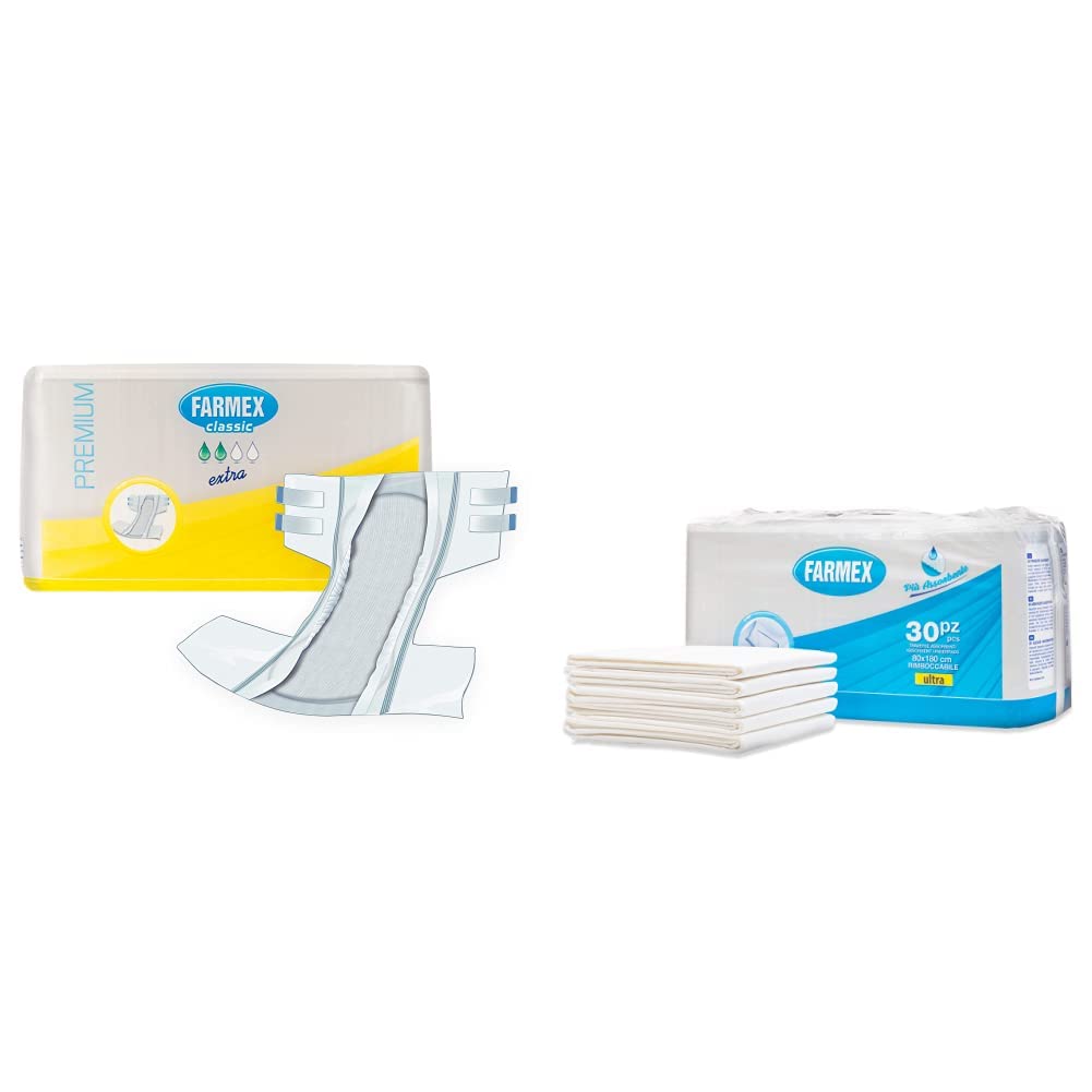Farmex - Pannoloni per Incontinenza per Adulti - Dermatologicamente Testato, Latex-Free, Taglia XL - 30 Pezzi & Traverse Assorbenti Rimboccabili Per Letto (oppure per Lenzuola e Materassi), 30 Pezzi
