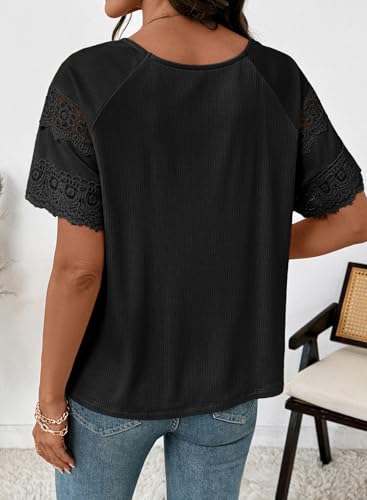 Image of EVALESS Womens Summer Tops Dressy Casual Spring Ribbed Texture Embroidery Short Sleeve Crewneck T Shirts