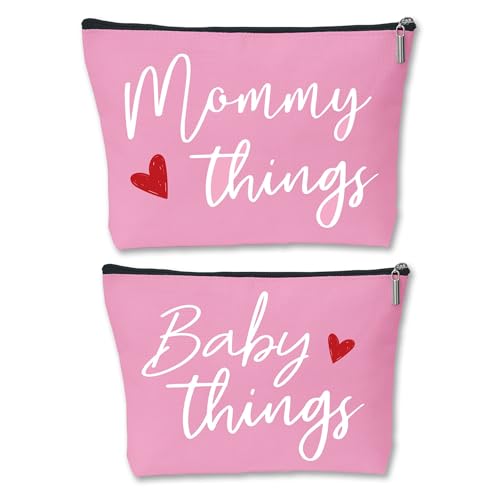 Image of Mommy and Baby Matching Pouch Set, Mommy Things and Baby Things Bags, Gifts for New Moms Expecting Moms, Matching Travel Cases, Pink Set of 2