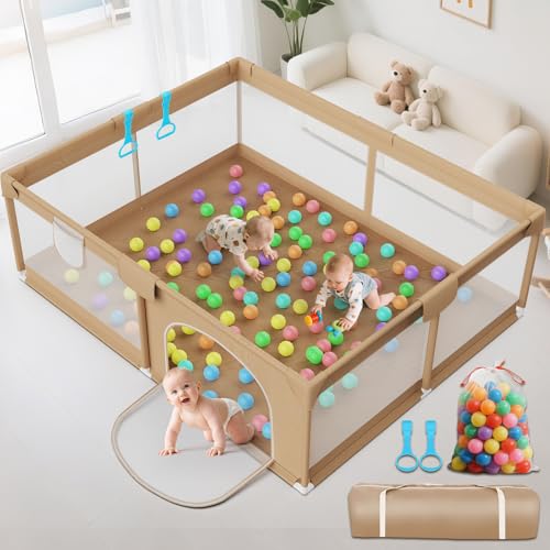 71x59 Playpen for Babies and Toddlers - Extra Large Baby Fence Play Area with Travel Bag Plus 50 Pit Balls & Pull Rings - Portable Infant Play Yard Indoor Outdoor Baby Gate Activity Center(Khaki)