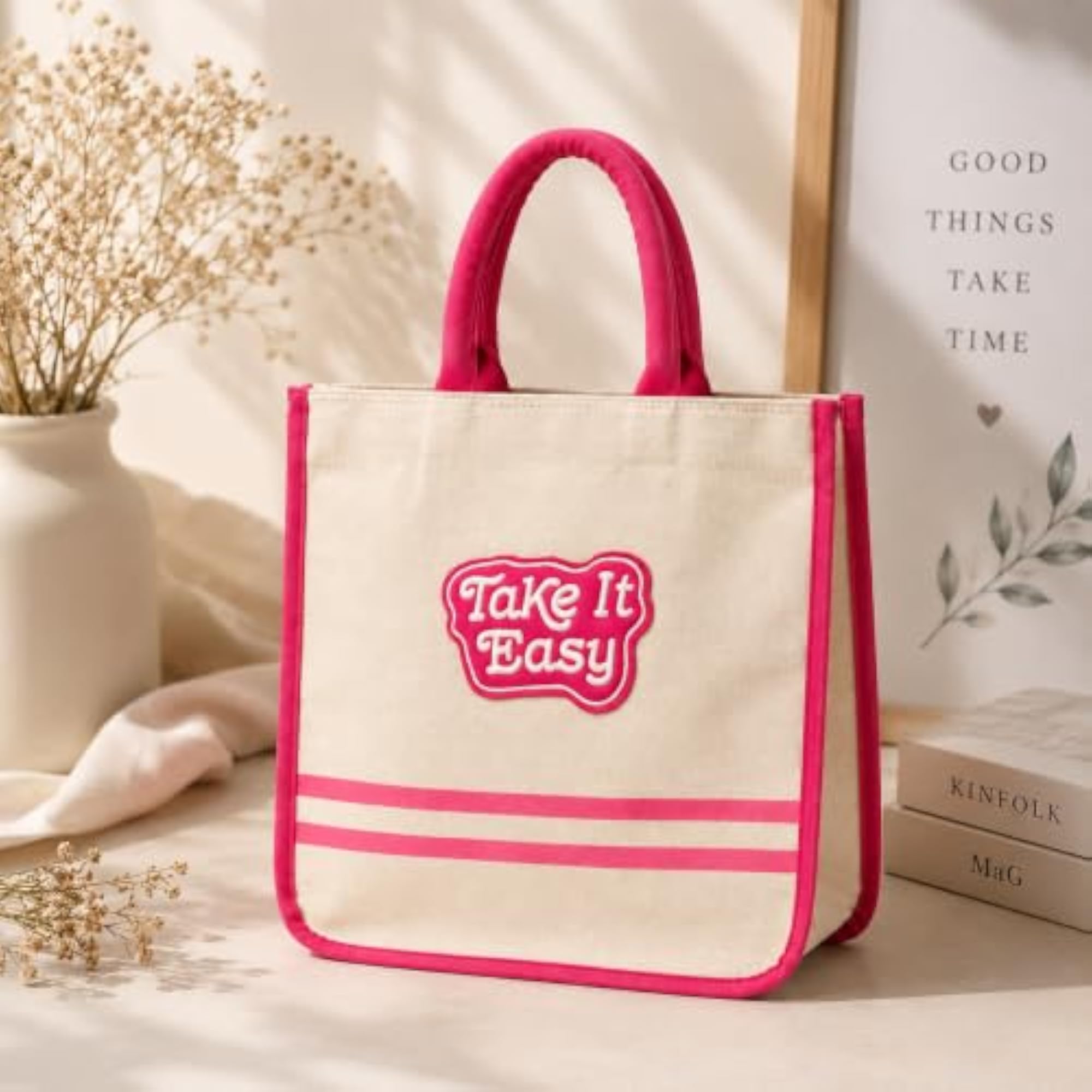 Canvas Tote Bag with 'Take It Easy' Patch, Pink Trim