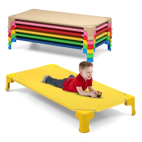 HONEY JOY 6 Pcs Stackable Daycare Cots for Kids, 53”L x 24”W Portable Nap Cots for Sleeping, Naptime, Preschool Toddler Cots, Easy Lift Bed, Ready-to-Assemble, Classroom, Nursery, Home (Colorful)