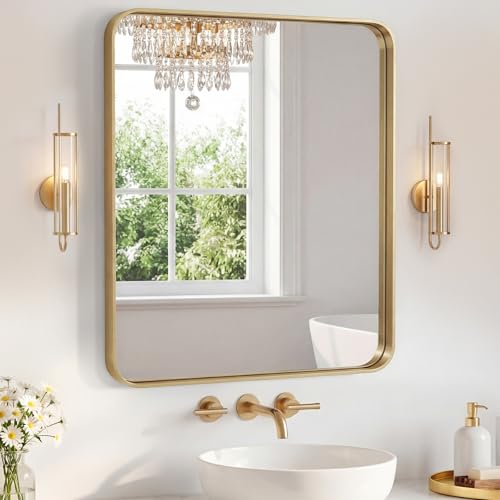 Image of Sweetcrispy Bathroom Mirror 36x24 Inch Metal Framed Rounded Rectangle Vanity Mirror for Wall, Over Sink, Farmhouse, Restroom, Anti-Rust, Modern Decorative, Horizontal or Vertical Hanging, Gold