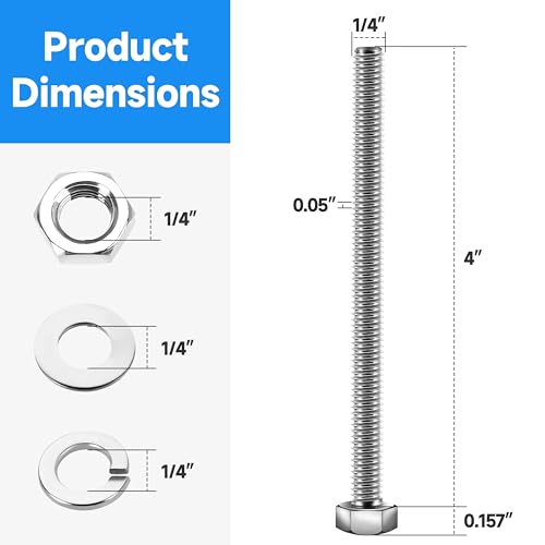 Image of (12 Sets) 1 /4-20 x 4 Hex Head Screws Bolts and Nuts Kit with 1 /4-20 Bolt, 1 /4-20 Nuts, Flat & Lock Washers, Fully Threaded, 1 /4 20 Stainless Steel Bolts, Bright Finish by Marysino