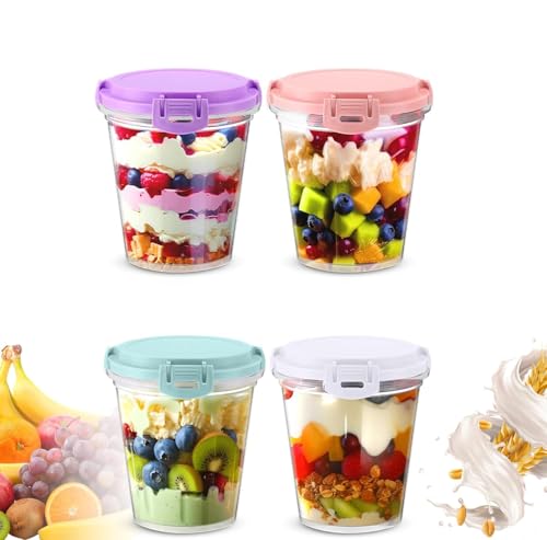 Overnight Oats Containers with Lids 600 ml Leak-Proof Reusable Plastic Food Storage Jars for Meal Prep Yogurt Cereal Soup Salad Dishwasher Safe Portable Airtight (Set of 4 Clear)