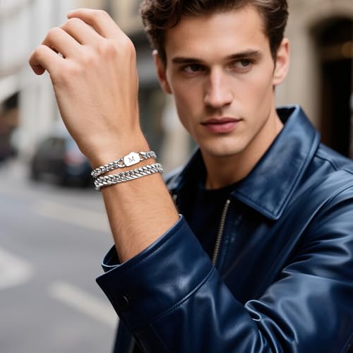 Stainless Steel Initial Bracelets for Men, 2 Pcs A-Z Letter Silver Mens Bracelet with Initial, Stylish Non Tarnish Cuban Link Chain for Boyfriend Men Jewelry Gifts3