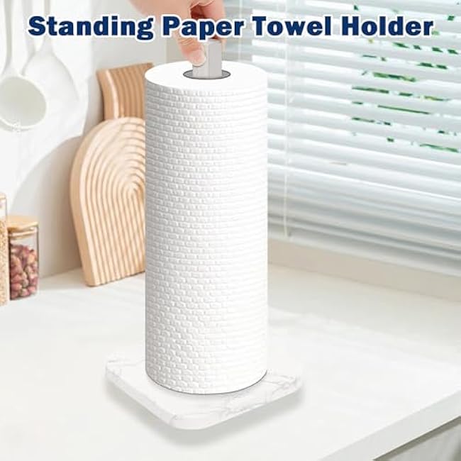 NearMoon Standing Paper Towel Holder, Stainless Steel Square Paper Towel Tissue Holder with Marble Base for Bathroom Kitchen Countertop, Standard or Jumbo-Sized Roll Paper (Brushed Nickel)