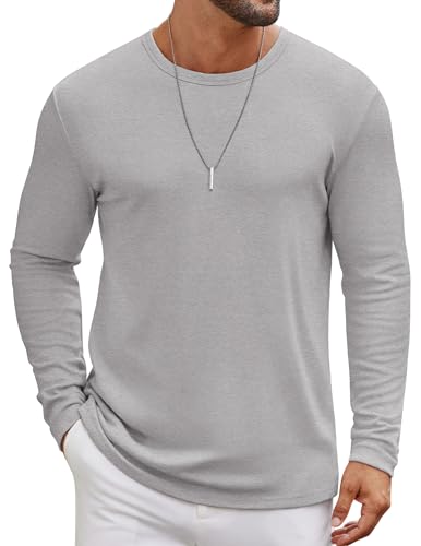 COOFANDY Men's Beefy Long Sleeve Shirt Crew Neck Tee Shirts Solid Casual Basic T-Shirts Athletic Work Tees Light Grey