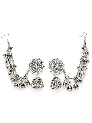 Image of Karatcart Oxidised Silver Floral Kundan Kaanchain Jhumki Earrings For womens