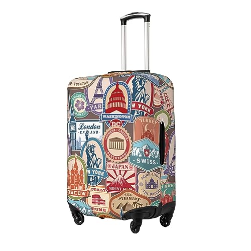 Spandex Travel Luggage Cover,Double-Sided Printed Vintage Travel Stamps Pattern Elastic Washable Stretch Suitcase Protector Anti-Scratch Suitcase Cover Fits 18-32 Inch Luggage For Kid And Adult,M (For 22-24 Inch Luggage)2