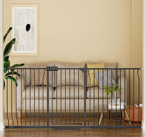 Image of HOOOEN Extra Wide Baby Gate Extra Wide Extra Tall Dog Gates for Stairs Doorways Black Metal Tension Indoor Safety Gates with Pressure Mount 76.38-81.1 Inch