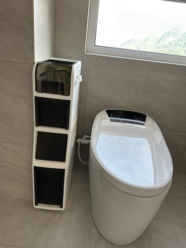 Slim Bathroom Storage Cabinet, 7" Narrow Corner Unit with Wheels & Trash Bin, Ideal for Small Kitchens, Laundry Rooms & Toilets, Space-Saving Design (H 64" x W 17.5")