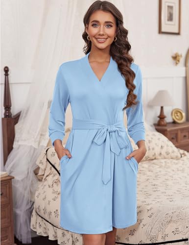 Image of Ekouaer Women's Robes Lightweight 3 /4 Sleeve Short Knit Bathrobe Soft Knee Length Sleepwear Robes with Pockets S-XXL