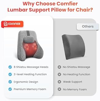 COMFIER Back Lumbar Support Pillow for Office,Car,Heated Back Support with 4 Shiatsu Massage Heads & Heating Function, Memory Foam Lumbar Pillow for Computer Gaming Chair-Gray