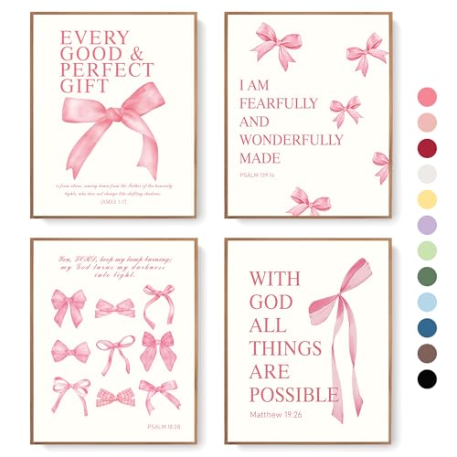 lartsfro coquette pink bow wall art decor posters pink bow christian room bathroom bedroom dorm wall art decor aesthetic for college teen girls gifts inspirational bible verses bow wall decor 10x8 inch set of 4 pcs bow pictures unframed